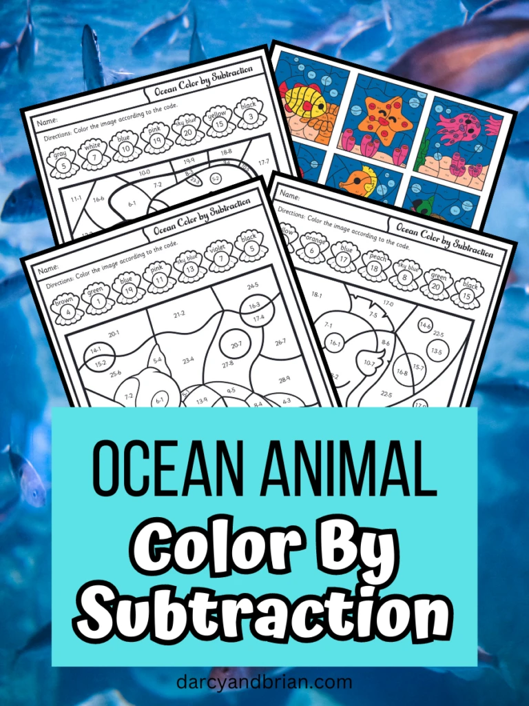 Printable ocean animals color by subtraction worksheets for kids