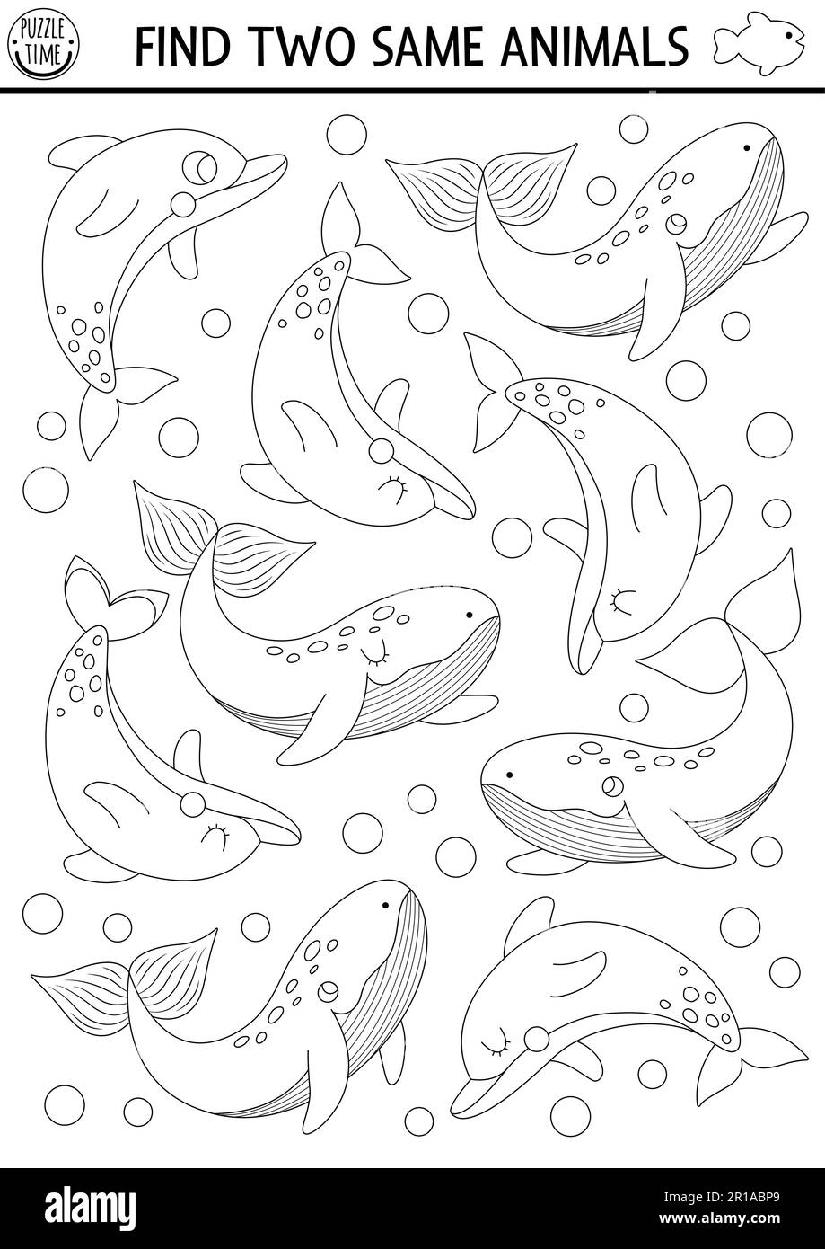 Find two same water animals under the sea black and white matching activity ocean life line educational worksheet for kids simple printable game c stock vector image art