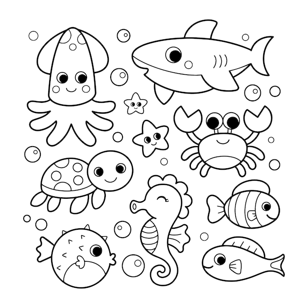 Premium vector ocean animals coloring pages for kids