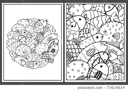 Coloring pages set with cute fish doodle sea