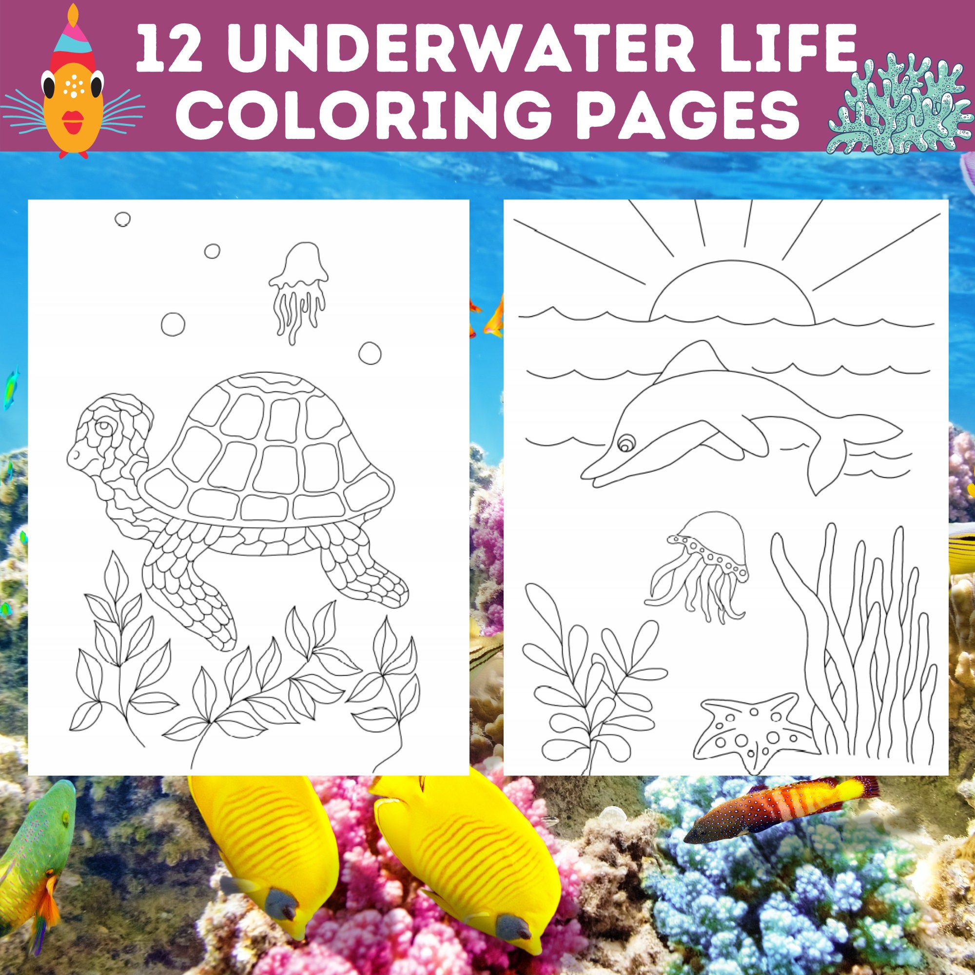 Beautiful underwater sea coloring pages marine life printable coral reef fish coloring page sea life coloring book instant download instant download