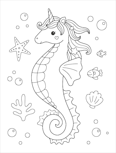Premium vector printable unicorn seahorse coloring page