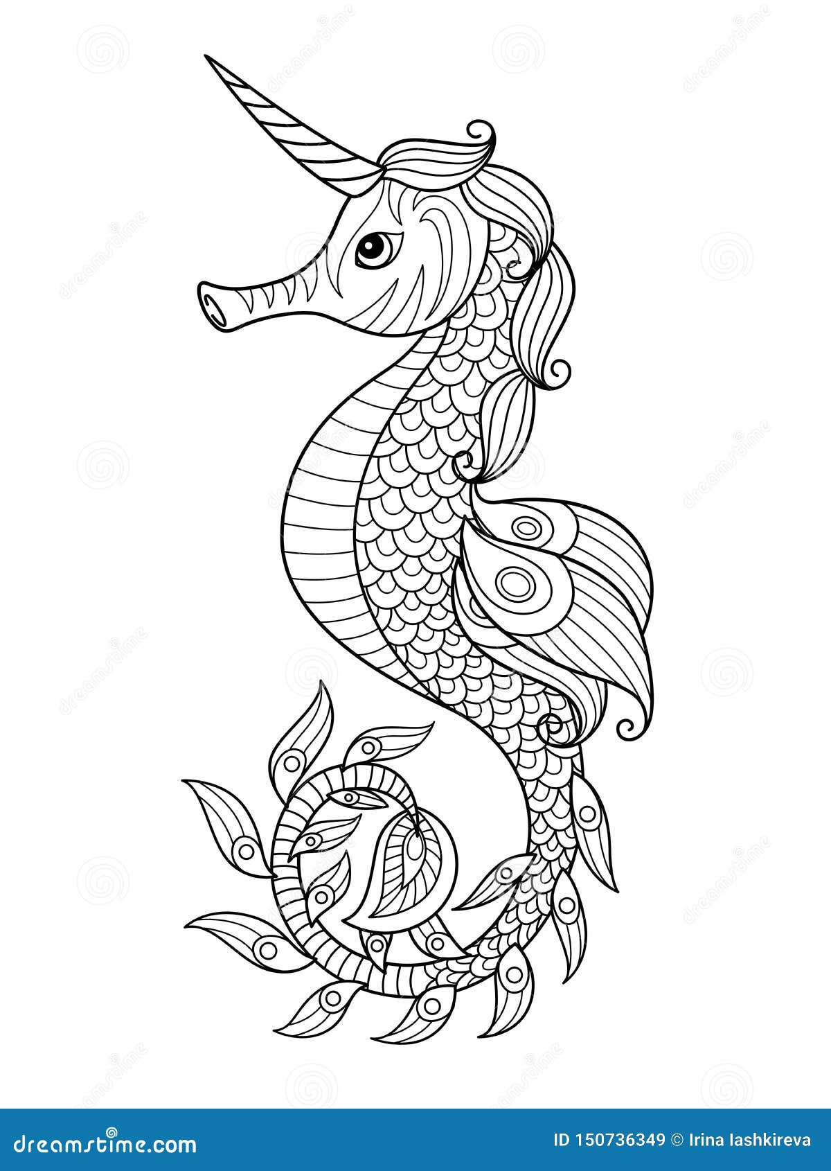 Sea doodle coloring book page unicorn seahorse stock vector