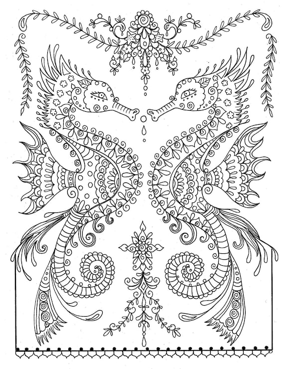 Printable sea horse coloring page instant download adult coloring page fantasy art
