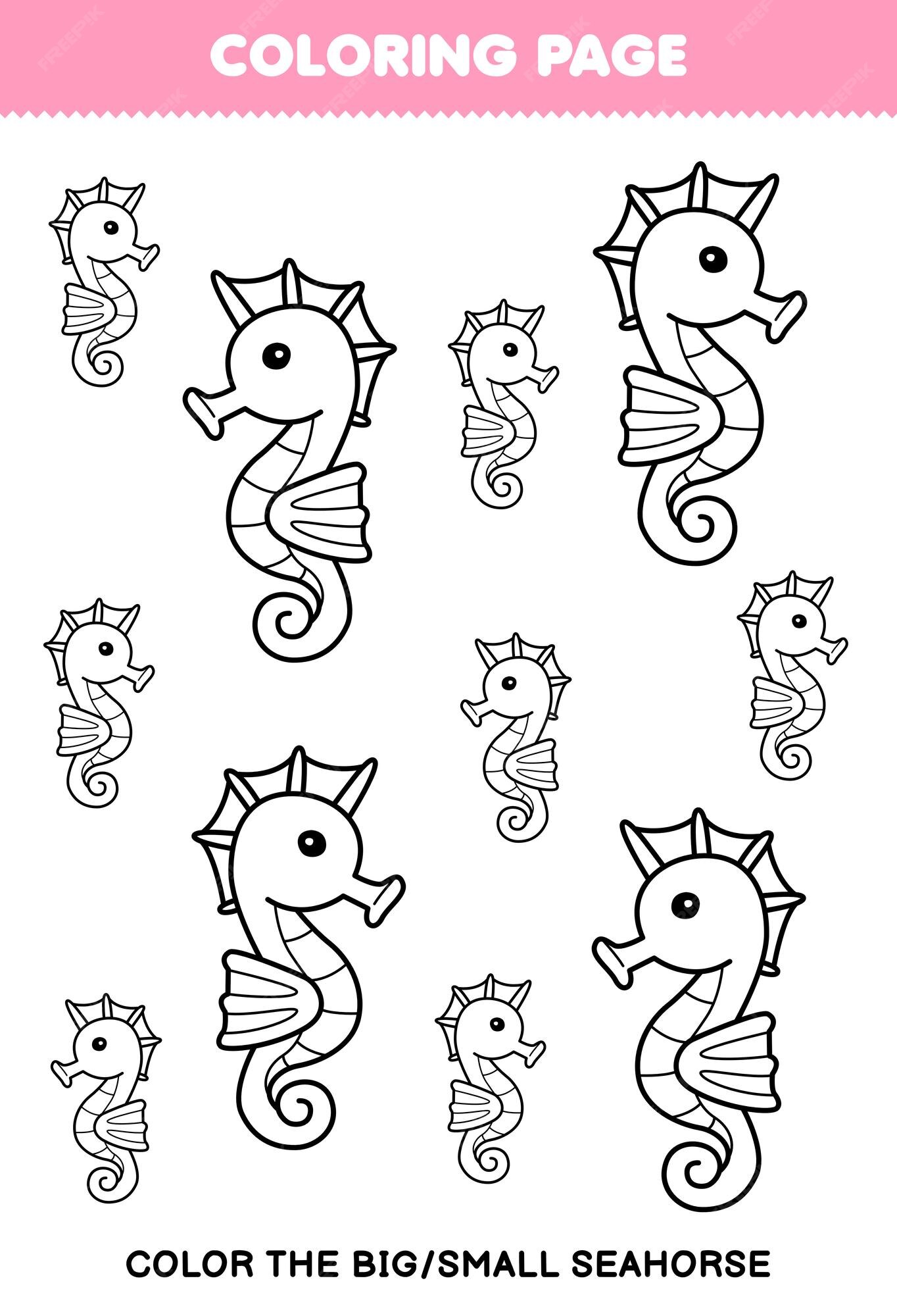 Premium vector education game for children coloring page big or small picture of cute cartoon seahorse line art printable underwater worksheet