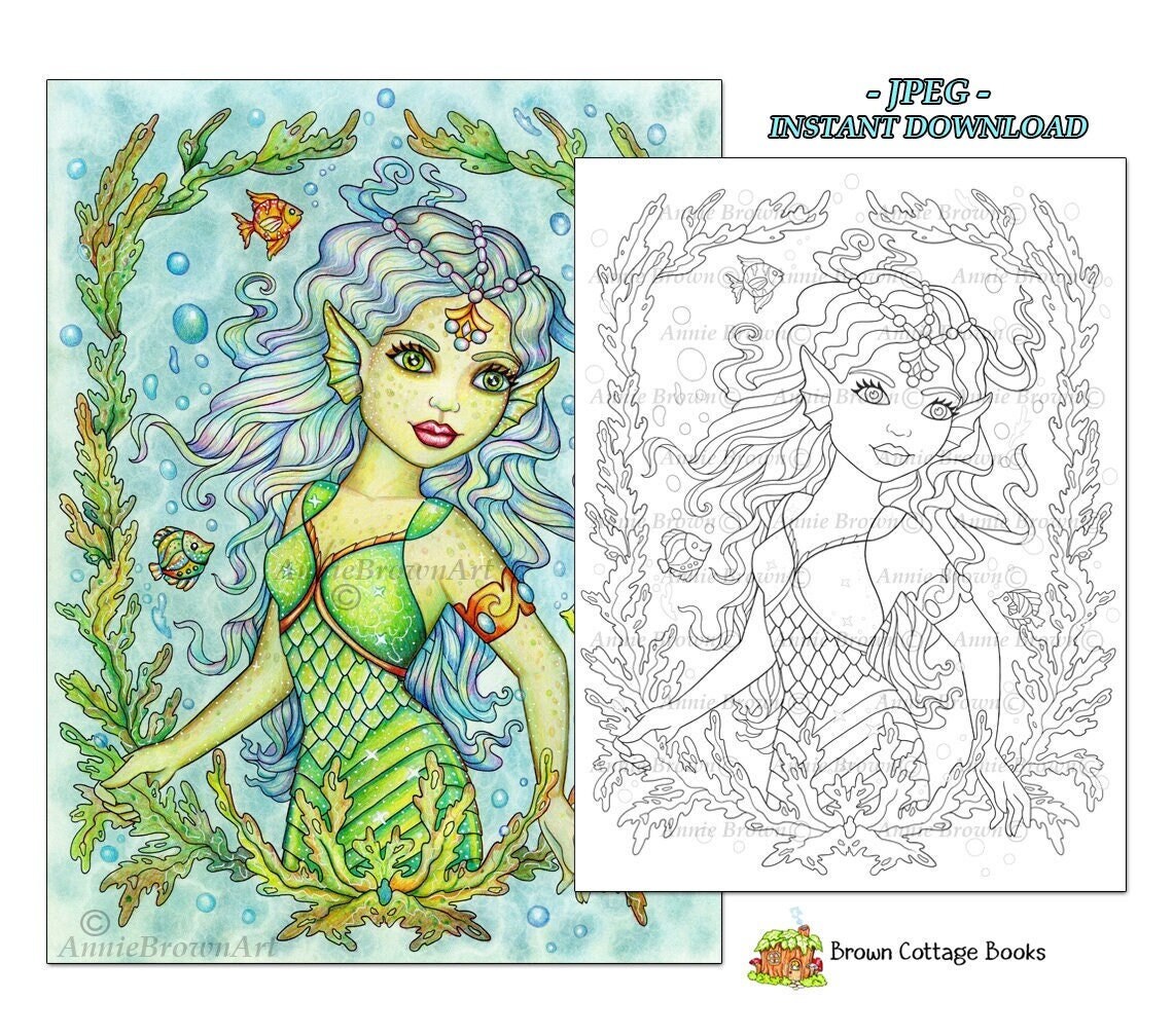 Mermaid coloring page line art instant download printable mermaids mermaid seaweed frame by annie brown hand