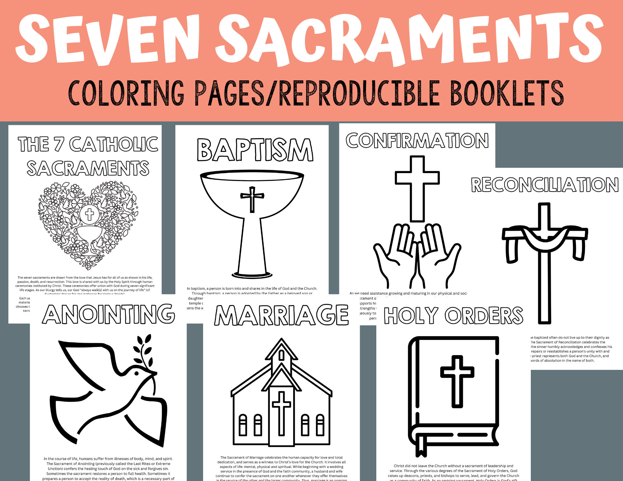 Seven sacraments of the catholic church sunday school religious education coloring booklet posters catechism munion confirm