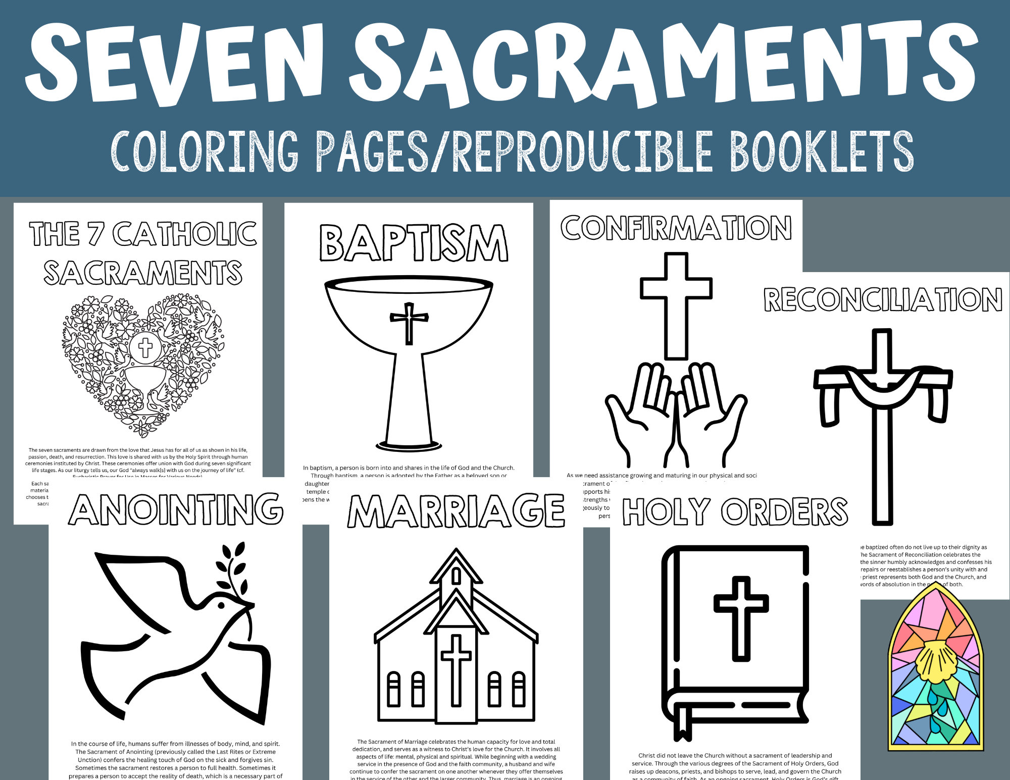 Seven sacraments of the catholic church sunday school religious education coloring booklet posters catechism munion confirm