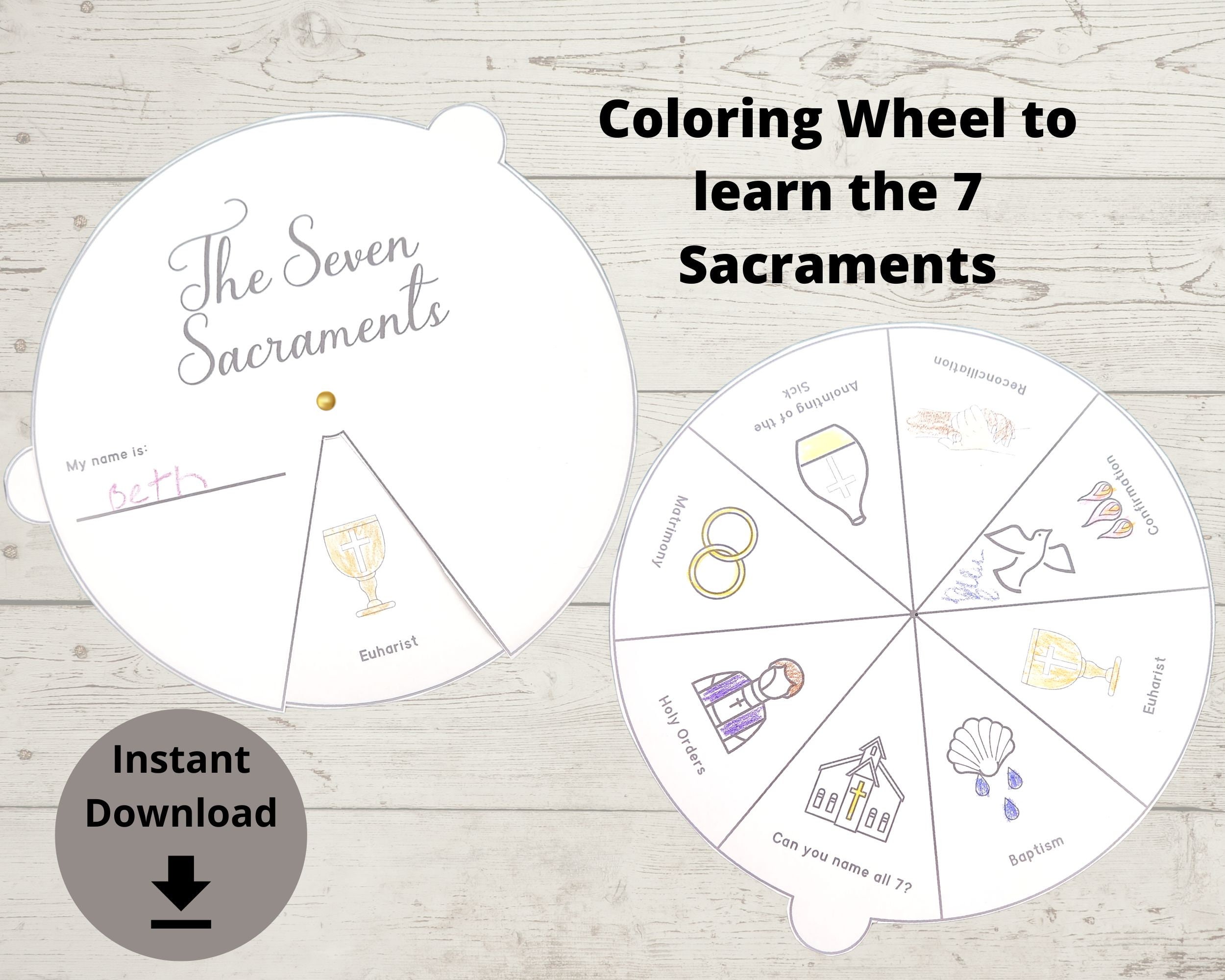 Sacraments coloring wheel sunday school activity church activity youth group game printable bible activity kids lesson