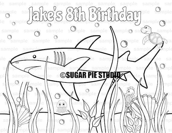 Personalized shark coloring page birthday party favor colouring activity sheet personalized printable template