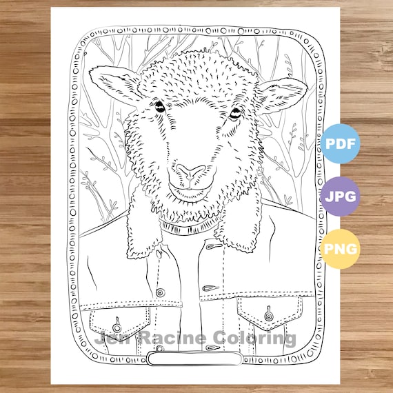 Sheep coloring page animal portrait animal in clothes animal coloring printable coloring pages for adults coloring pages for kids