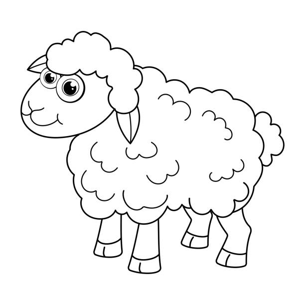 Colorless cartoon lamb smiles coloring pages template page for coloring book of funny sheep or ewe for kids practice worksheet or antistress page for child cute outline education game vector eps stock illustration