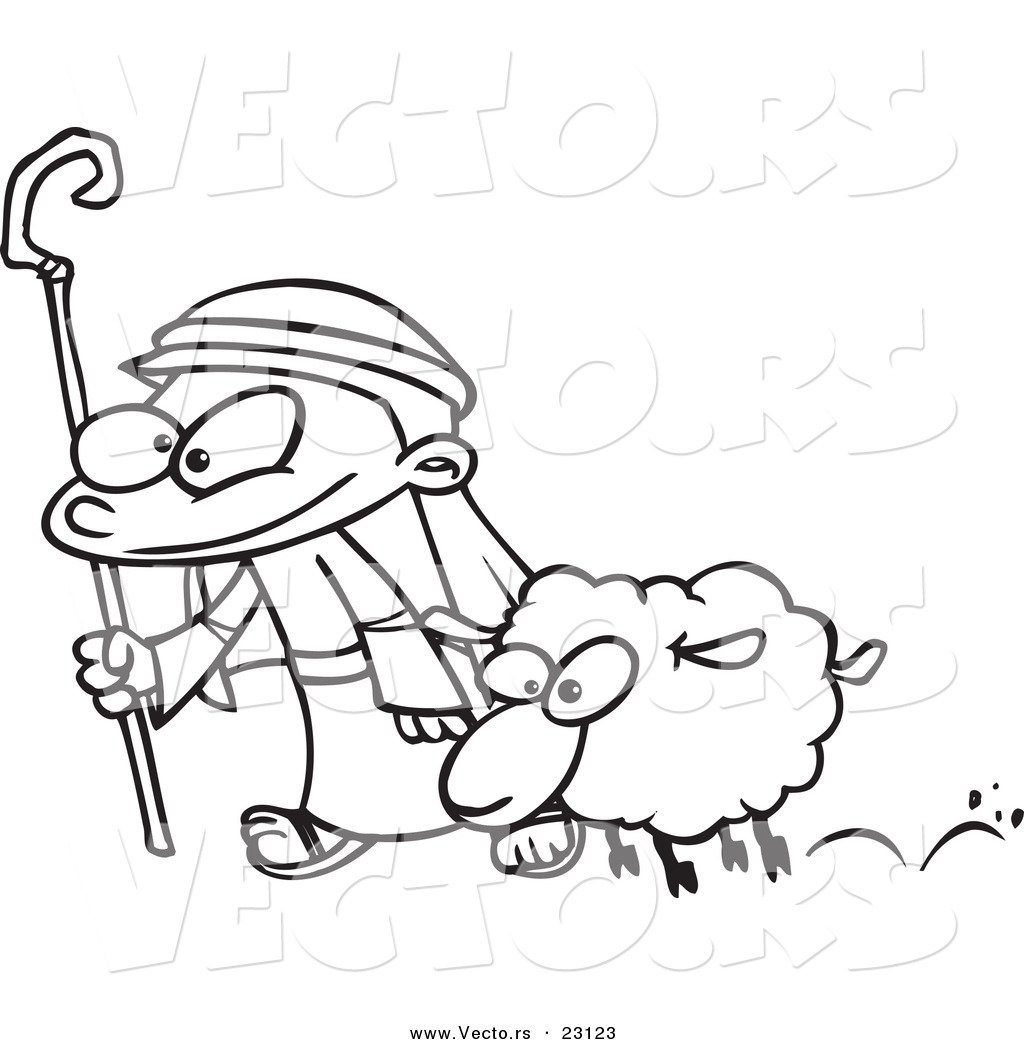 R of a cartoon shepherd and sheep