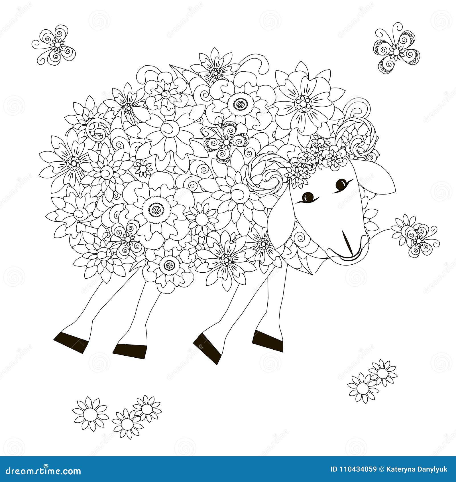 Flowers sheep monochrome sketch coloring page anti