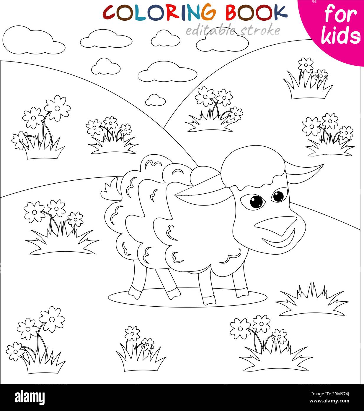 Cute sheep in the meadow coloring template for children vector illustration stock vector image art