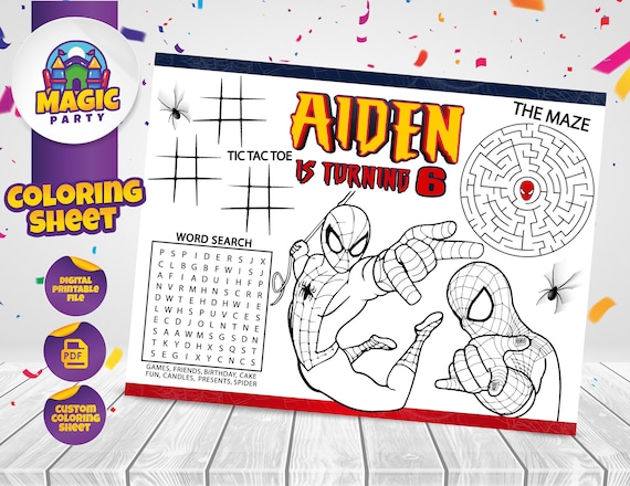 Spiderman coloring sheet party activity birthday printable personalized not instant download digital file