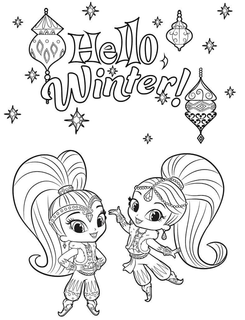 Hello winter shimmer and shine coloring page