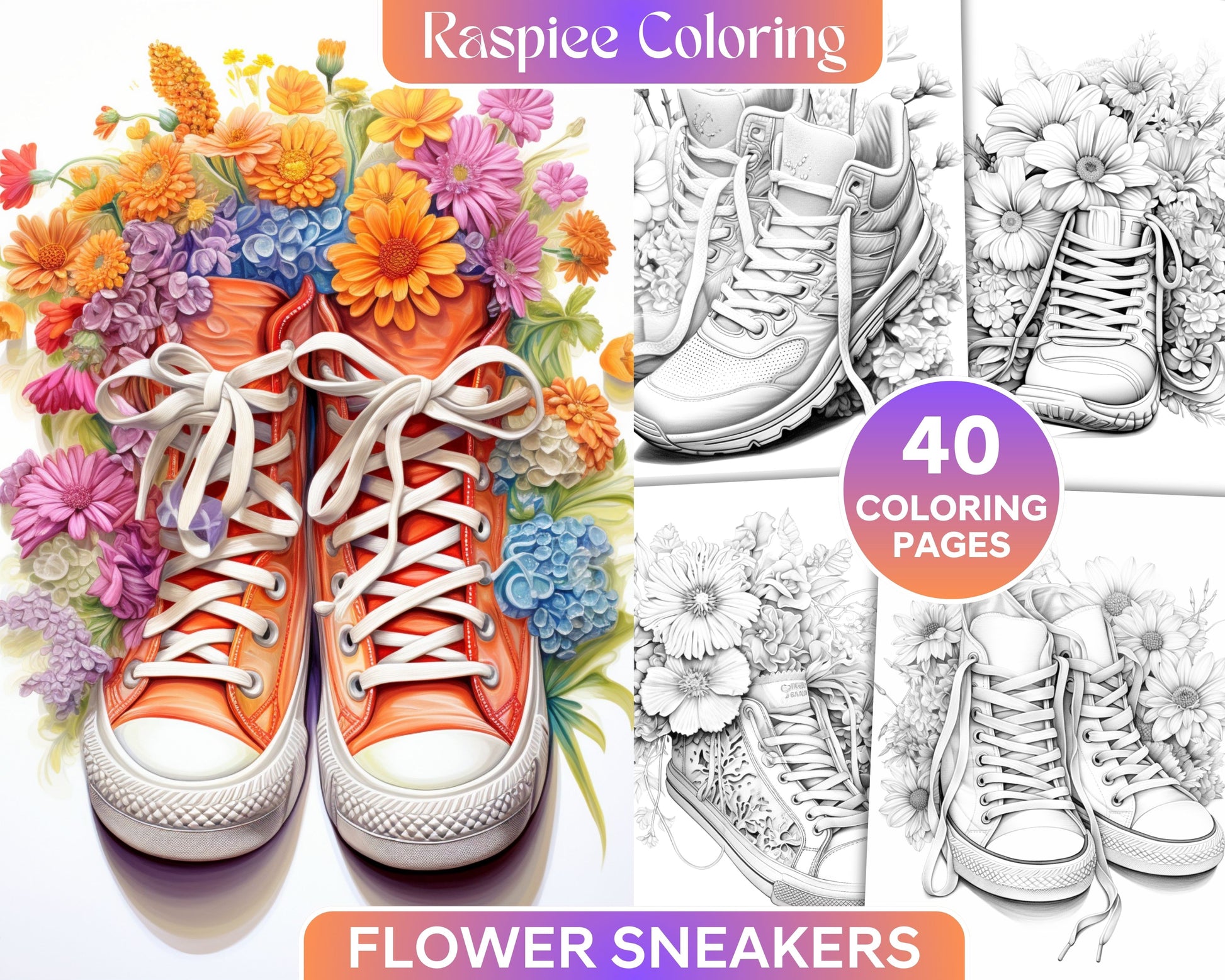 Flower sneakers grayscale coloring pages printable for adults pdf â coloring