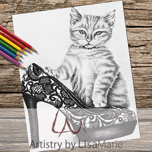 Cat with shoe grayscale printable coloring book page â artistry by lisa marie