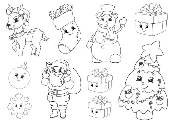 Coloring page outline of cartoon christmas ornaments and gifts stock illustrations royalty