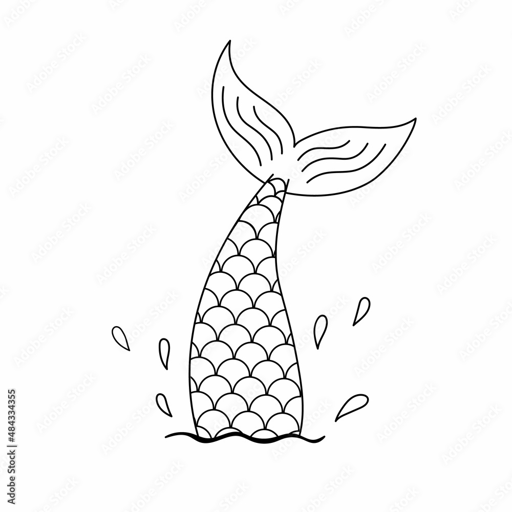 Hand drawn silhouette of mermaid tail in water with sea spray vector line illustration isolated on white background contour graphic tattoo or outline print for coloring page vector