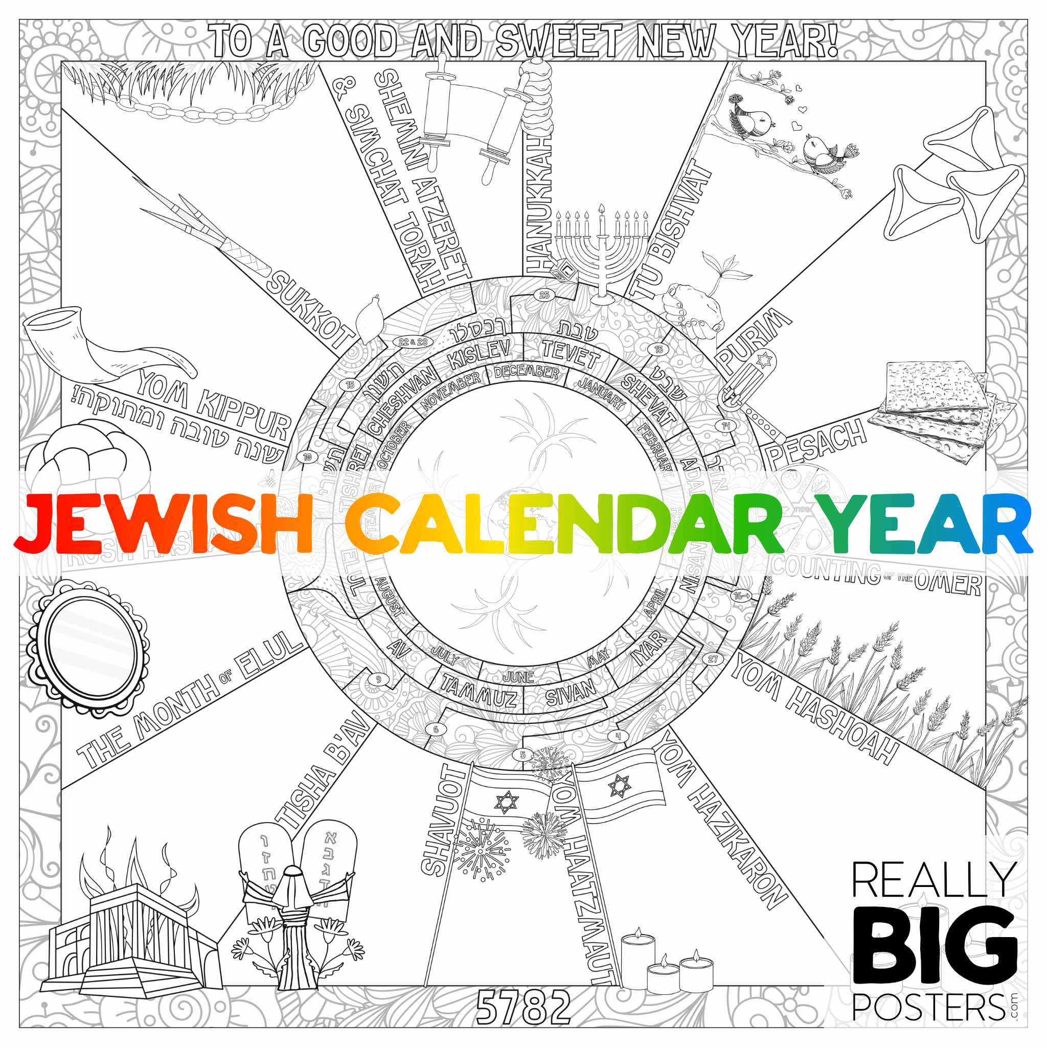 Rosh hashanah coloring poster high holidays activity â luftmensch designs