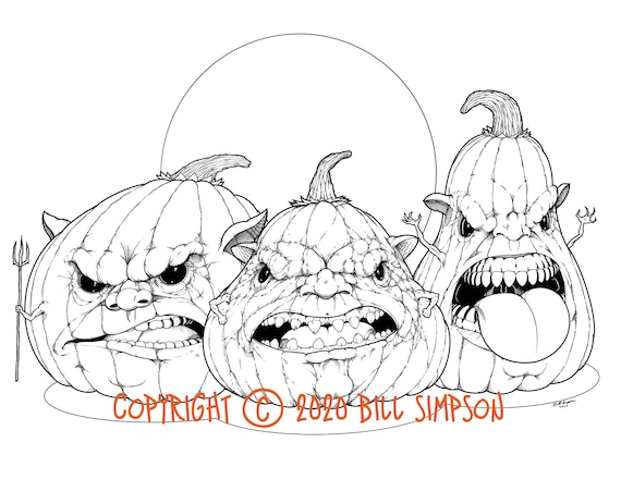 Set of halloween pumpkins coloring pages digital instant