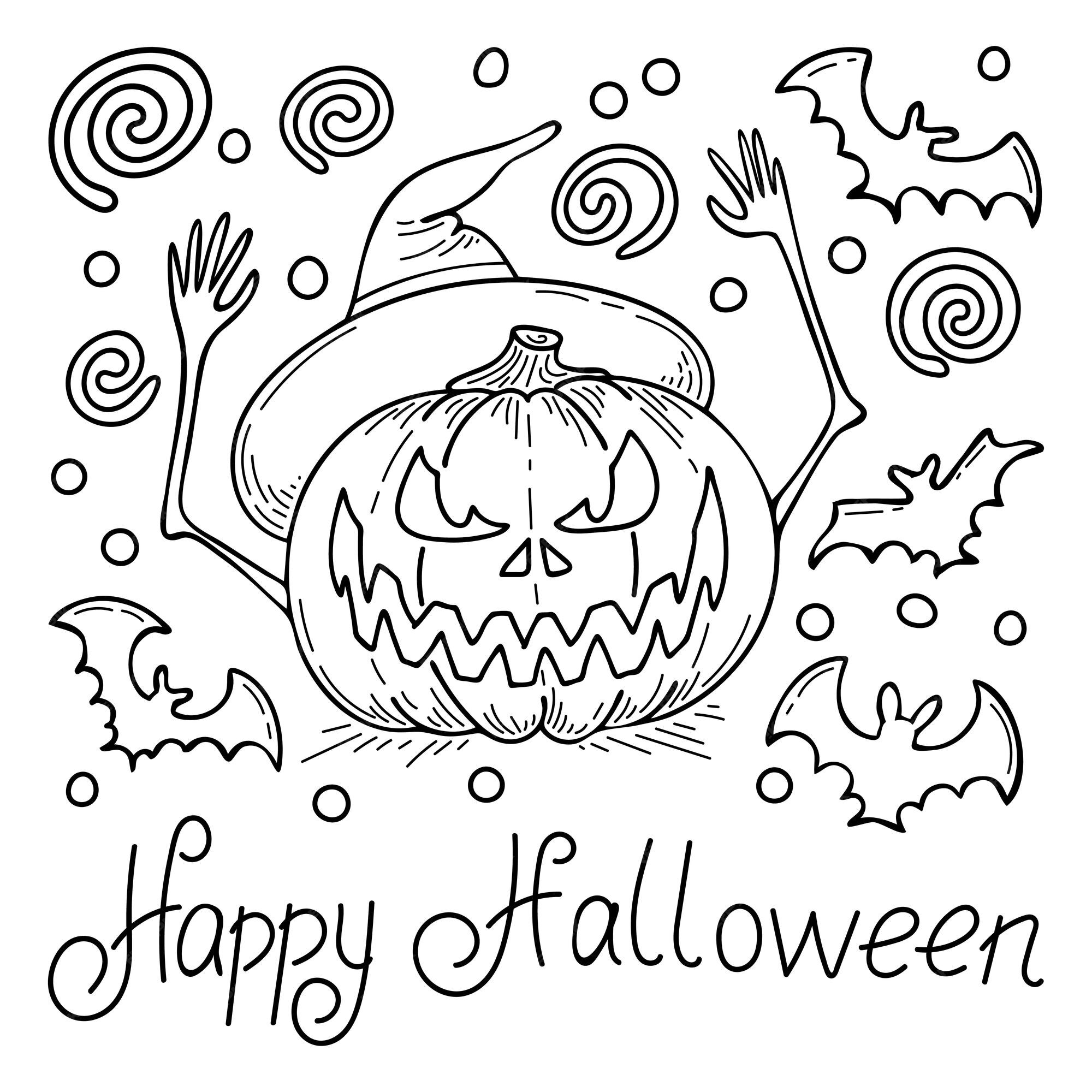 Premium vector happy halloween coloring book scary pumpkin jack hand drawn line art illustration