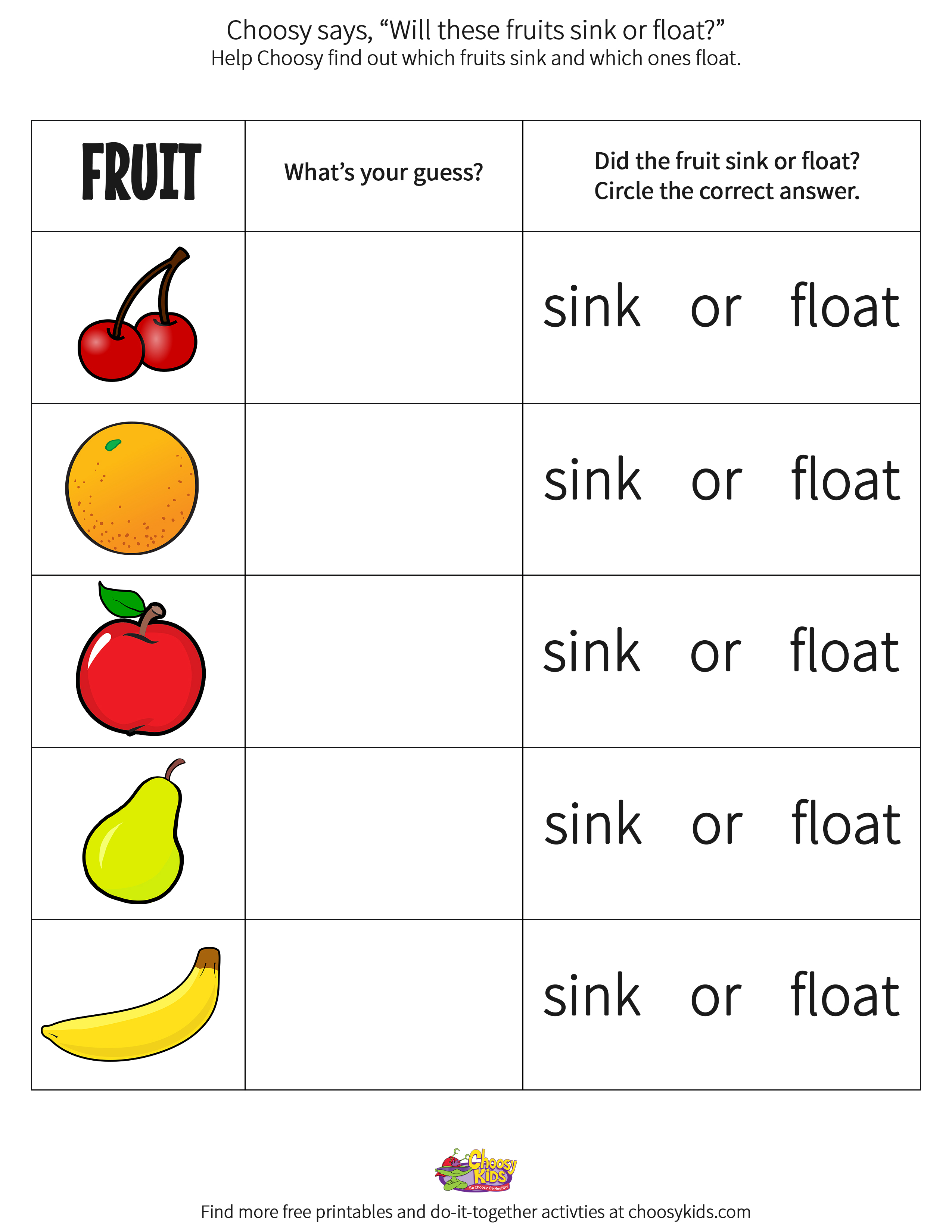 Sink or float fruit printable â choosy kids