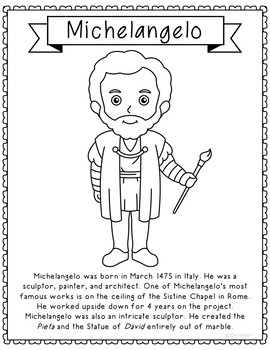 Michelangelo famous artist coloring page activity art history worksheet