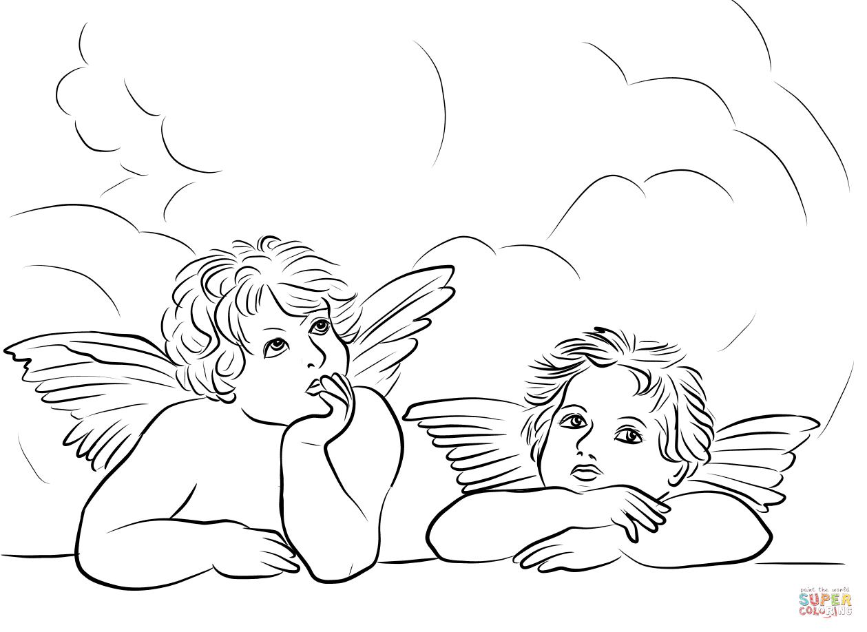 Angels from the sistine madonna by raphael coloring page free printable coloring pages