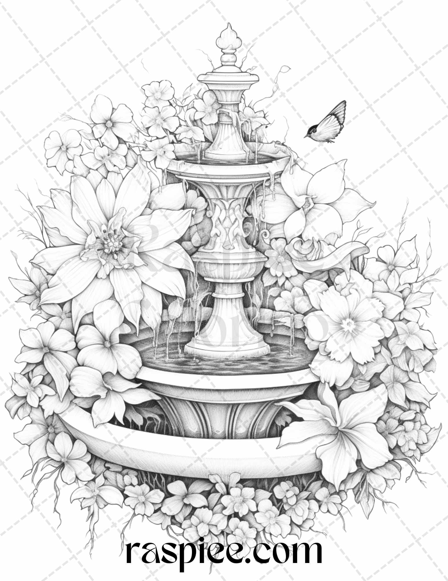 Blooming fountains grayscale coloring pages printable for adults p â coloring