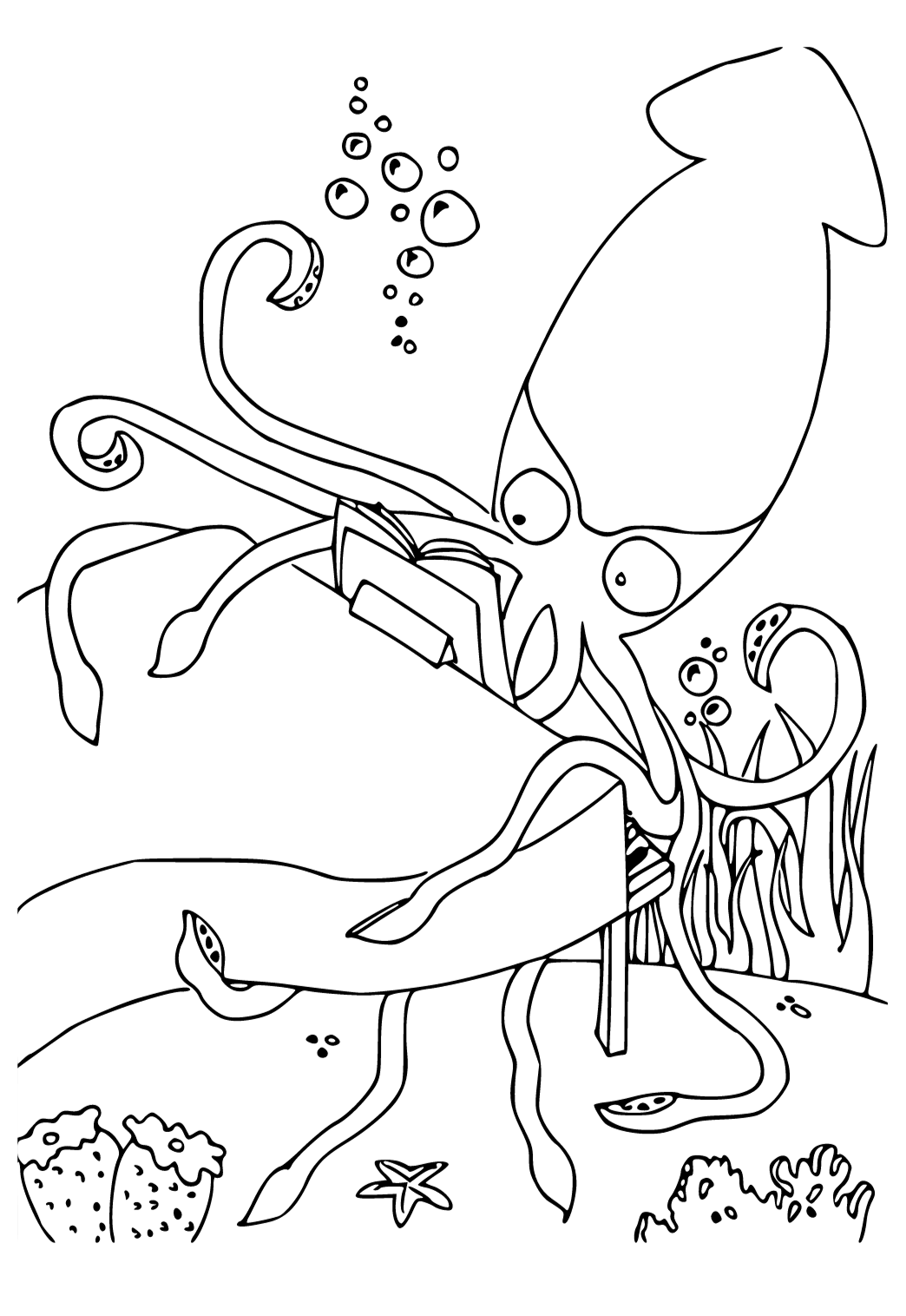 Free printable squid under the water coloring page for adults and kids