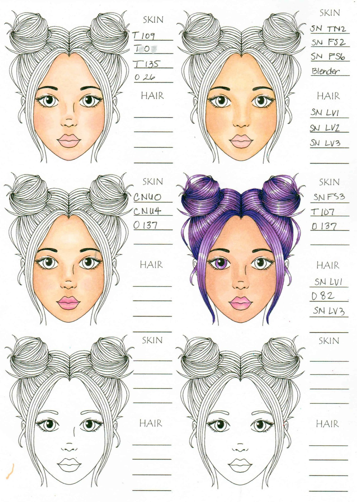 Blank hair and skin color charts and practice page pdf