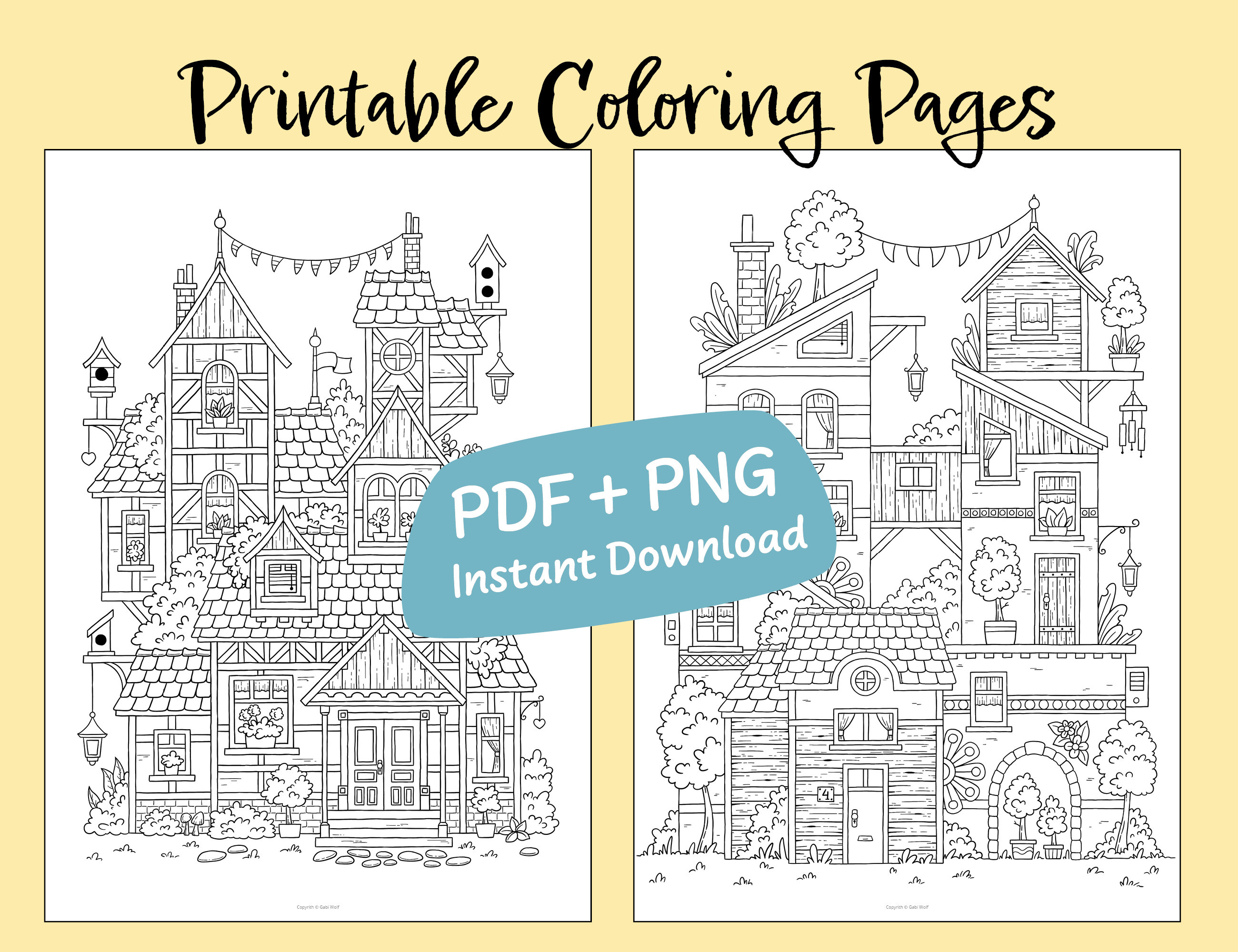 Coloring pages houses printable hand drawn digital download jpg pdf png for adults and children instant download