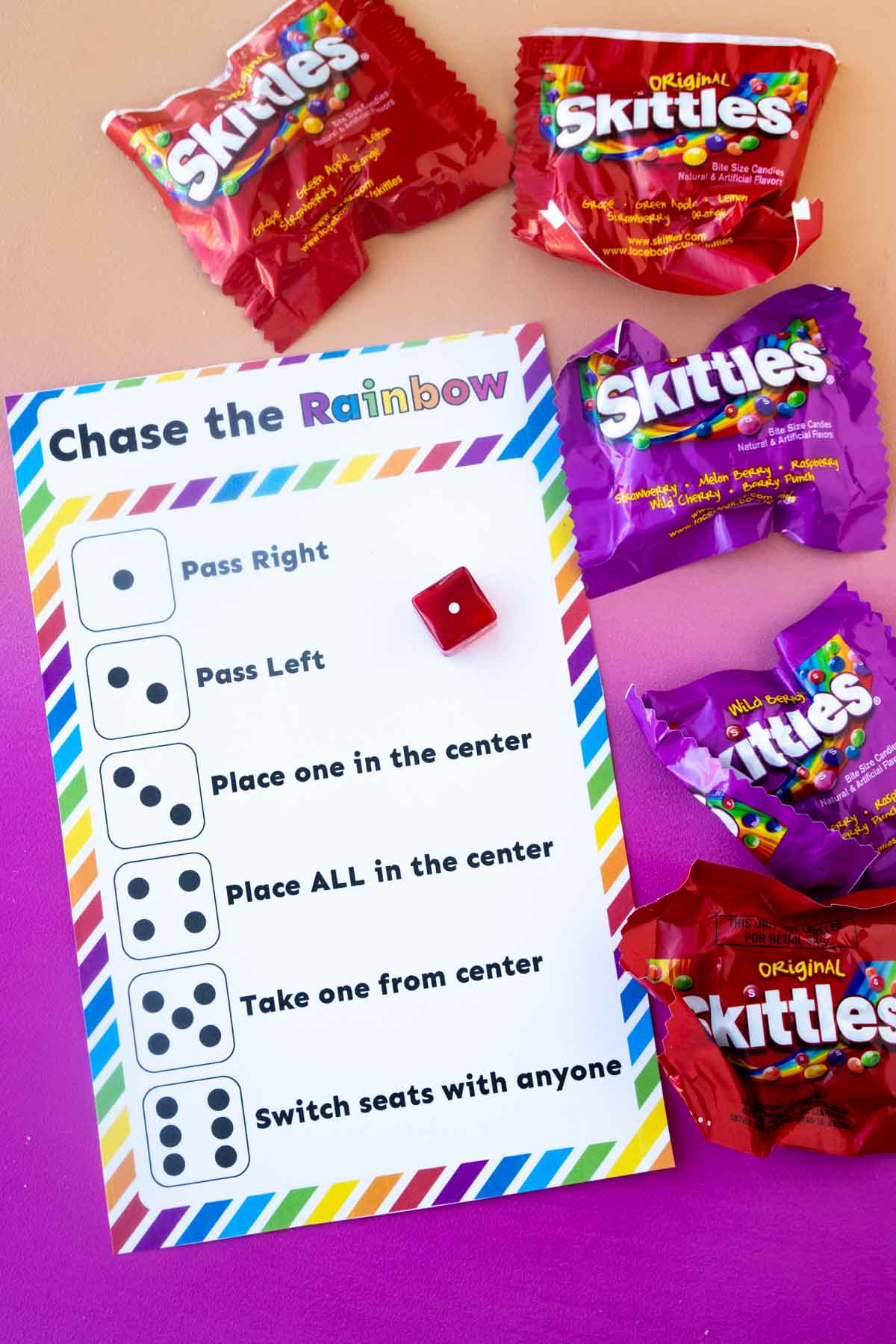 Printable skittles dice game chase the rainbow