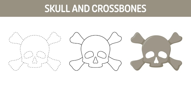 Premium vector skull and crossbones tracing and coloring worksheet for kids