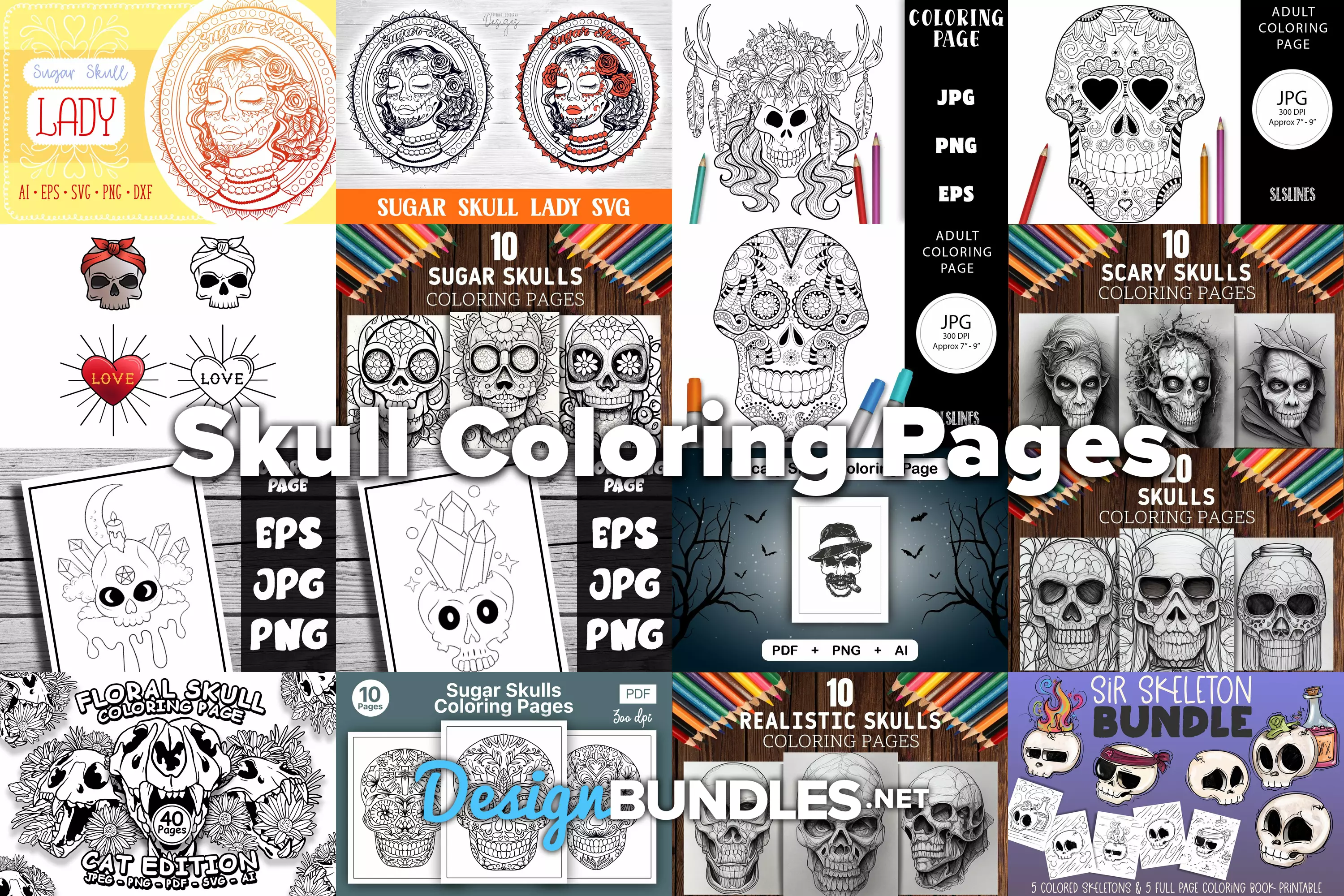 Skull coloring pages design bundles
