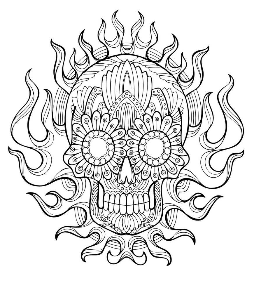 Skull with flame mandala coloring page