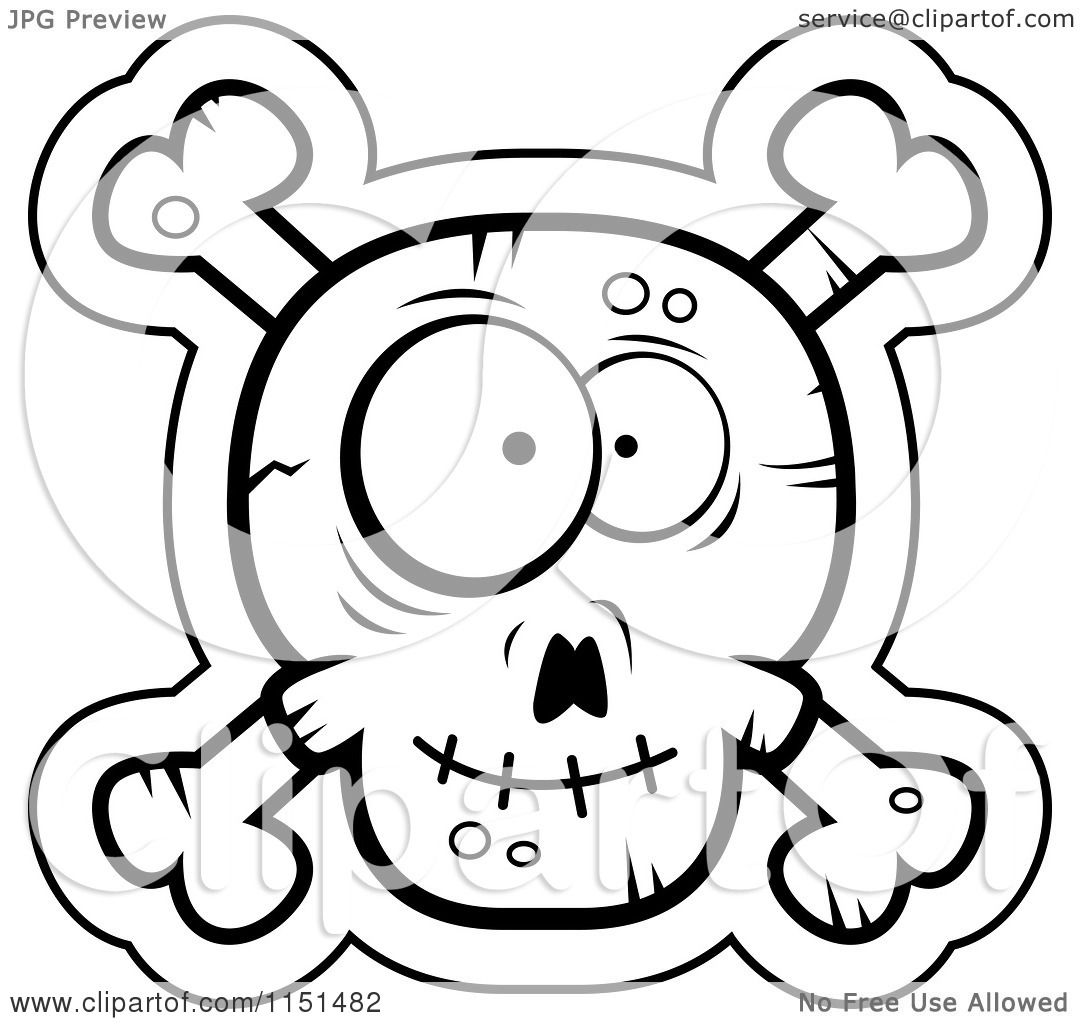 Cartoon clipart of a black and white silly faced skull and crossbones