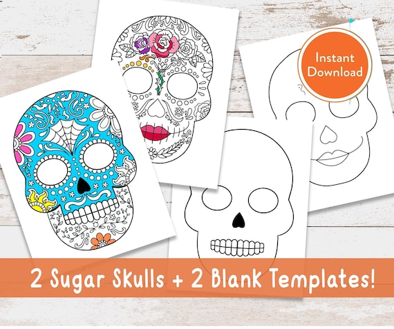 Printable sugar skulls halloween masks bundle digital coloring page instant download