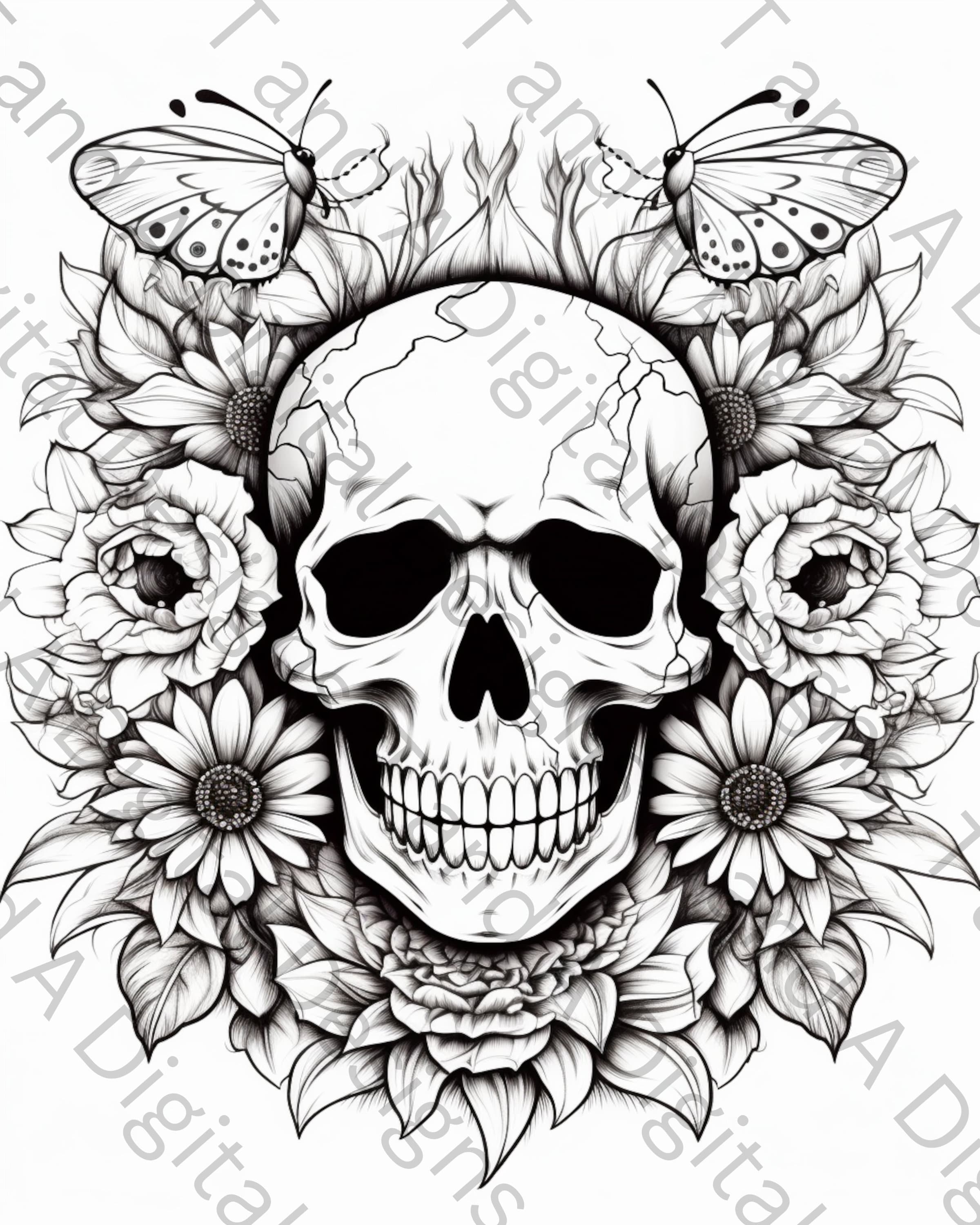 Skull and flowers coloring page instant download relaxing art therapy digital coloring sheets single page printable adult coloring