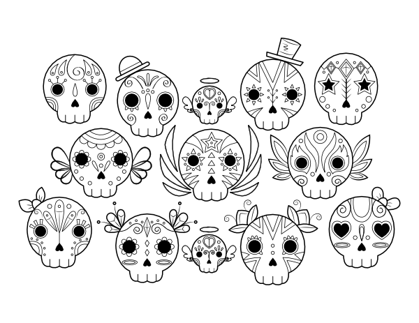 Printable cute sugar skulls coloring page