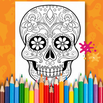 Halloween sugar skull coloring pages day of the dead printable tpt