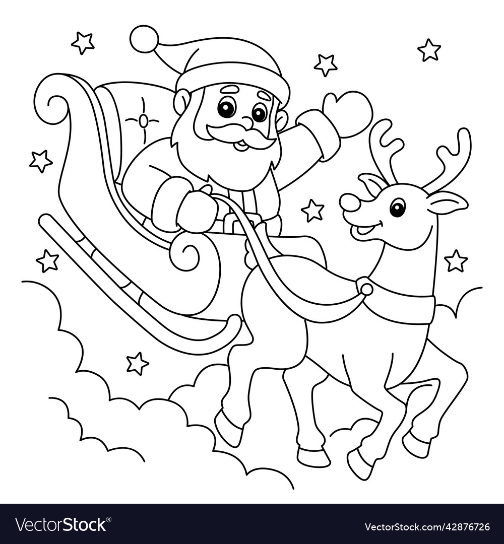 Christmas santa sleigh and reindeer coloring page vector image