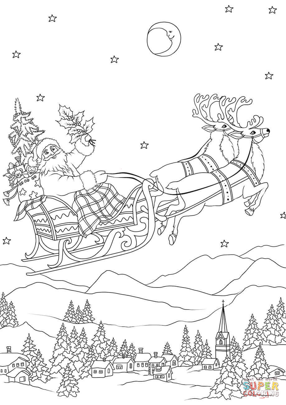 Santa flying in his sleigh pulled by reindeers at night coloring page free printable coloring pages