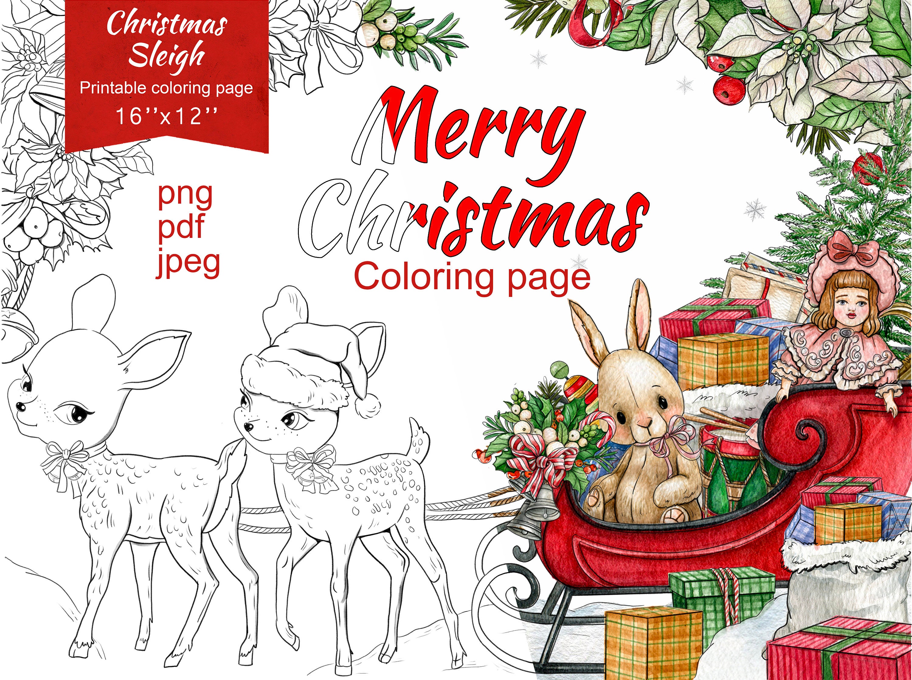 Christmas adult coloring page pdfchristmas sleigh coloring page for kidsdigital printable holiday coloring sheetsinstant download jpeg