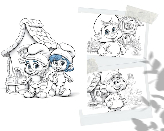 Cute smurfs coloring book adults kids coloring pages instant download grayscale coloring book printable pdf file