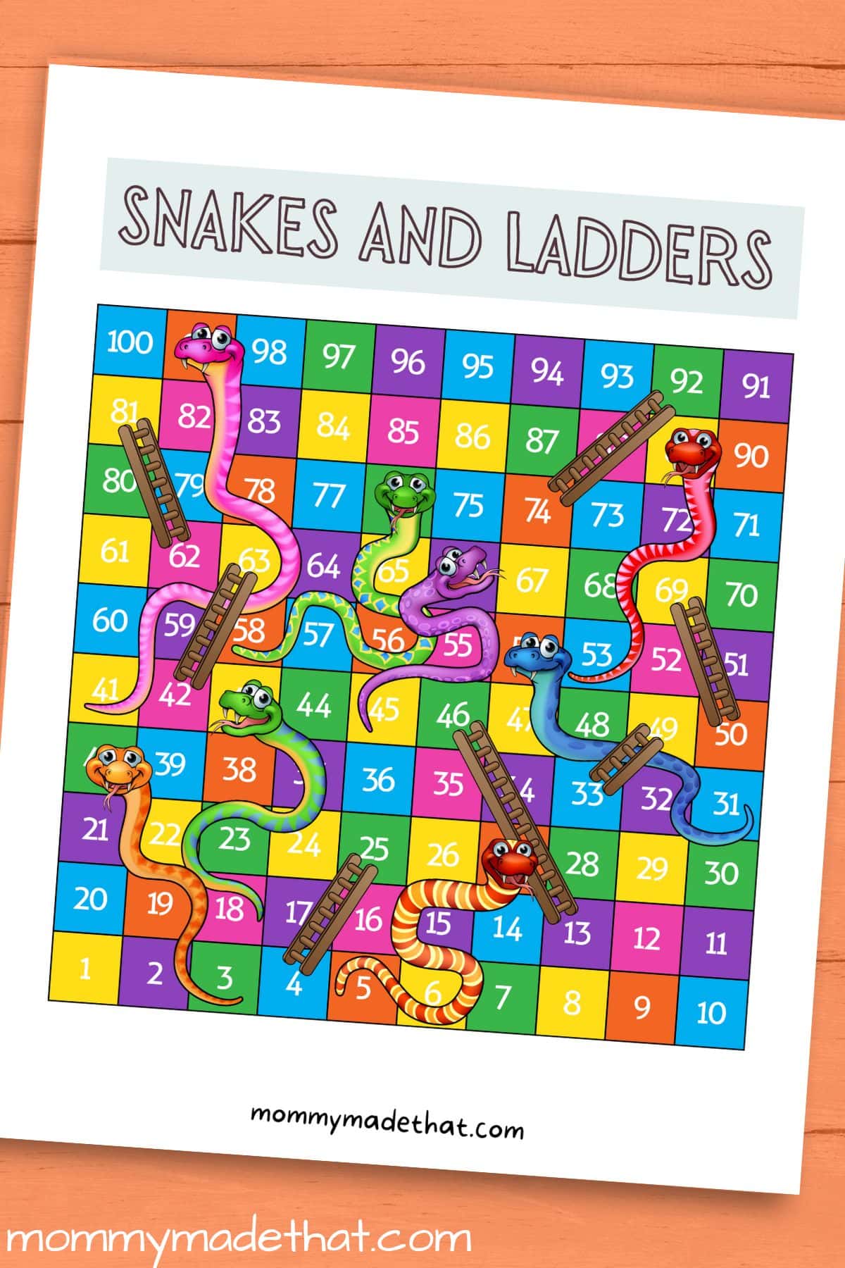 Snakes and ladders printable game board free template