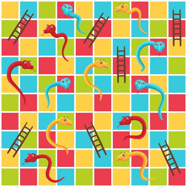 Premium vector snake and ladders grid color tiles game board with cute snakes and ladder to rise abstract vector illustration